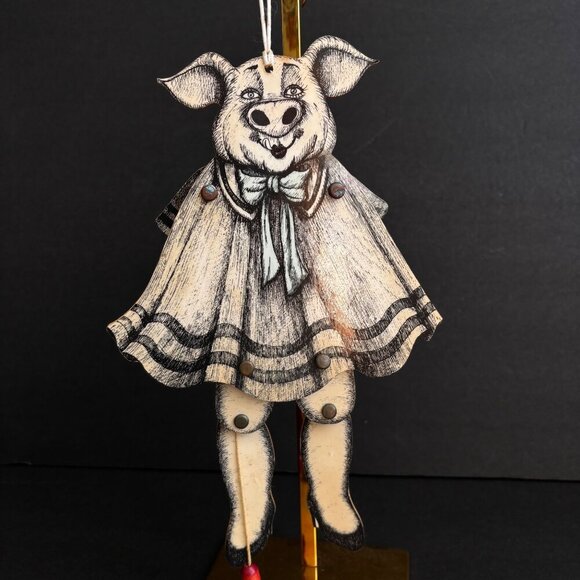 Susan Fevest Vintage Articulated Wooden Pig Ornament Pull String Folk Art - Picture 2 of 5